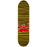 Toy Machine Stripe Monster Yellow PP skateboard deck: Dark deck with wavy horizontal yellow stripes. A red Toy Machine monster with horns and a jagged mouth sits in the centre above the white script Toy Machine.