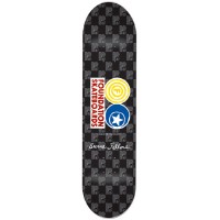 Foundation Fellers Questionable skateboard deck: Dark grey checkerboard deck with a faint pattern in the squares, a red-lettered Foundation wordmark box beside yellow concentric-circle and blue star emblems, and a script signature below.