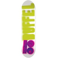 Foundation Duffel Questionable skateboard deck: White deck with huge blurred, spray-stencil style lime green lettering reading Duffel along the length and a small pink and purple Foundation logo set at the bottom.