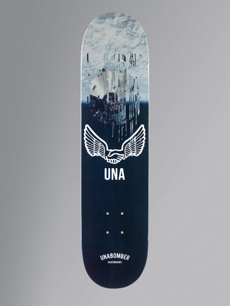 Unabomber No Apollo Series - Docking skateboard deck: Top half shows a grey-blue space photograph of a spacecraft docking above cloud, fragmenting into glitchy slices; lower half is dark navy with a white winged handshake emblem above 'UNA' and the brand name at the tail.