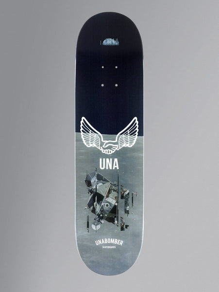 Unabomber No Apollo Series - Everyone Ever skateboard deck: Top half dark navy sky, lower half grey lunar surface with a photograph of a lunar module. A white winged handshake emblem and 'UNA' sit at the horizon, with the brand name at the tail.