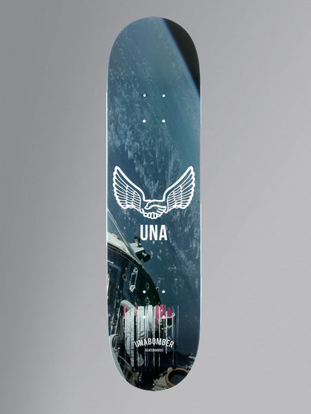 Unabomber No Apollo Series - Orbit - 8 skateboard deck: A photograph of Earth seen from a spacecraft window, with an astronaut's suit in the lower corner and a white winged handshake emblem above the letters UNA. The brand name is in small white capitals near the tail.