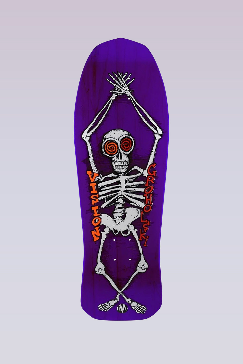 Vision Street Wear Groholski Skeleton - Modern Concave - Purple Stain skateboard deck: Old-school shaped deck with a white skeleton, arms raised above its head and legs crossed, with spiral orange eyes. Vision and the rider name run vertically in orange lettering, on a purple stain.