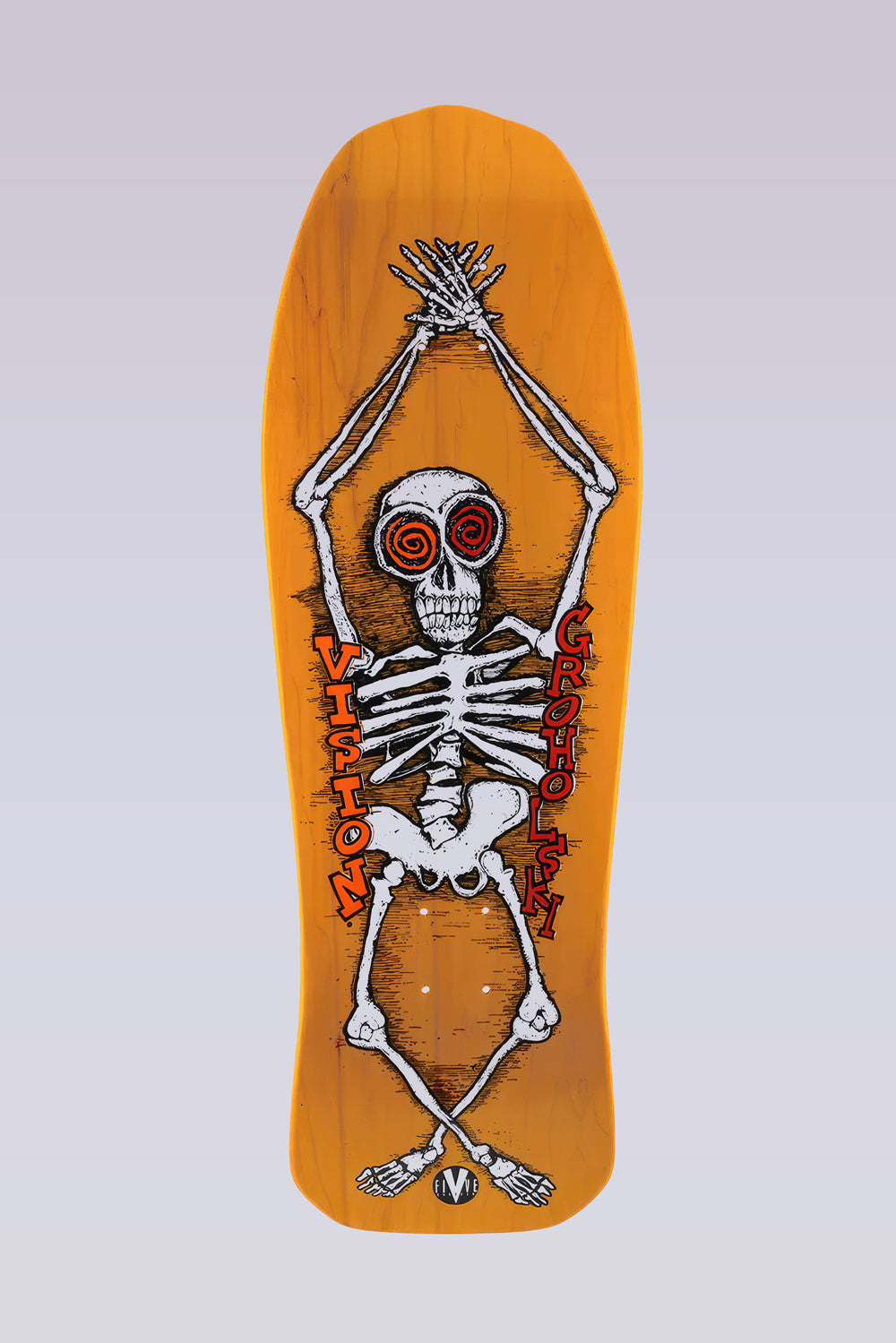 Vision Street Wear Groholski Skeleton - Modern Concave - Yellow Stain skateboard deck: White skeleton with arms raised above its head, crossed legs and spiral orange-red eyes, drawn with crosshatch shading on an orange-yellow stained old-school shaped deck. Red lettering runs down both sides of the ribs.