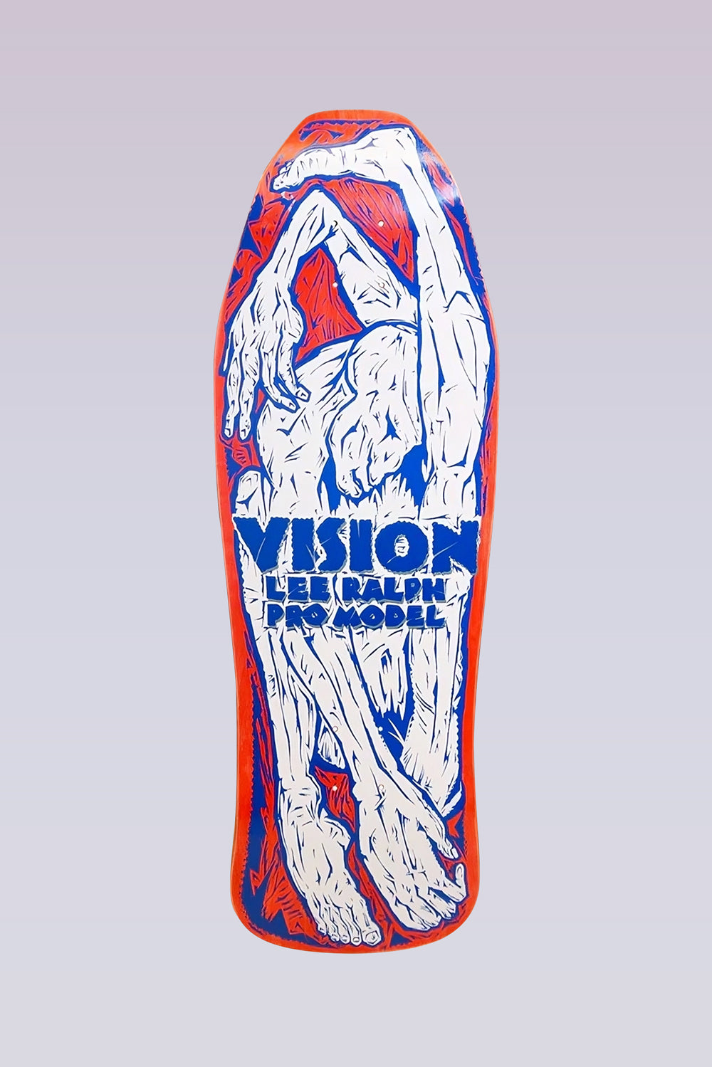 Vision Street Wear Lee Ralph - Modern Concave - Red Stain/White skateboard deck: Woodcut-style illustration of tangled white human limbs, hands and feet on a red ground with blue shading, with the Vision Lee Ralph Pro Model logo in blue block lettering across the middle. Old-school shape.