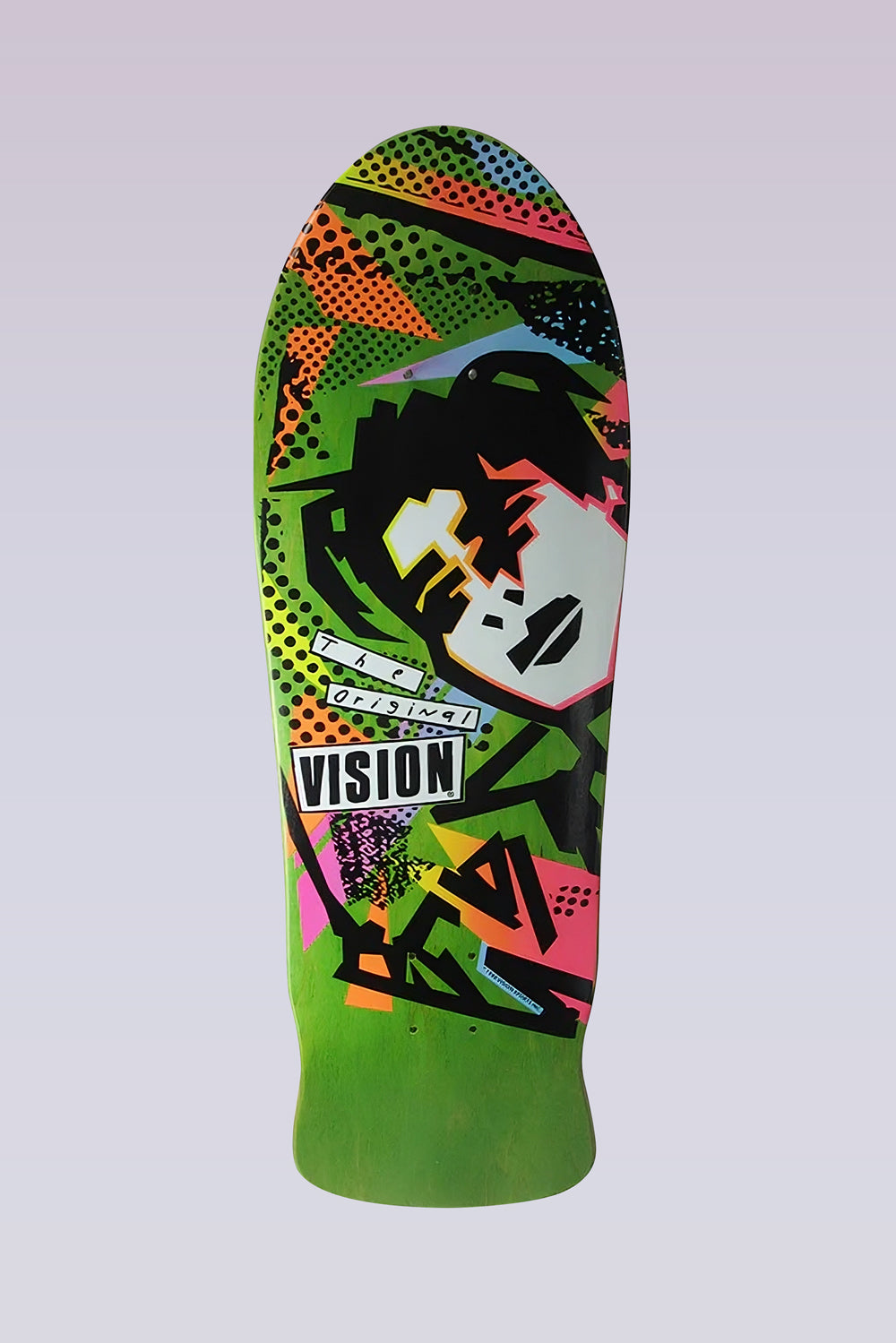 Vision Street Wear MG - Modern Concave - Lime skateboard deck: Old-school Vision graphic on lime green stain: an abstract black-haired head with a pale mask-like face amid angular black shapes, halftone dots and neon pink, orange and yellow blocks. A The Original Vision tag sits at the lower left.