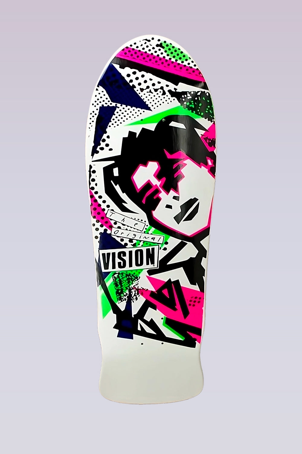 Vision Street Wear MG - Modern Concave - White skateboard deck: A white old-school shaped deck with an angular, pixelated black face with pink details, surrounded by neon pink and green shards, halftone dots and a Vision label with scribbled handwriting.