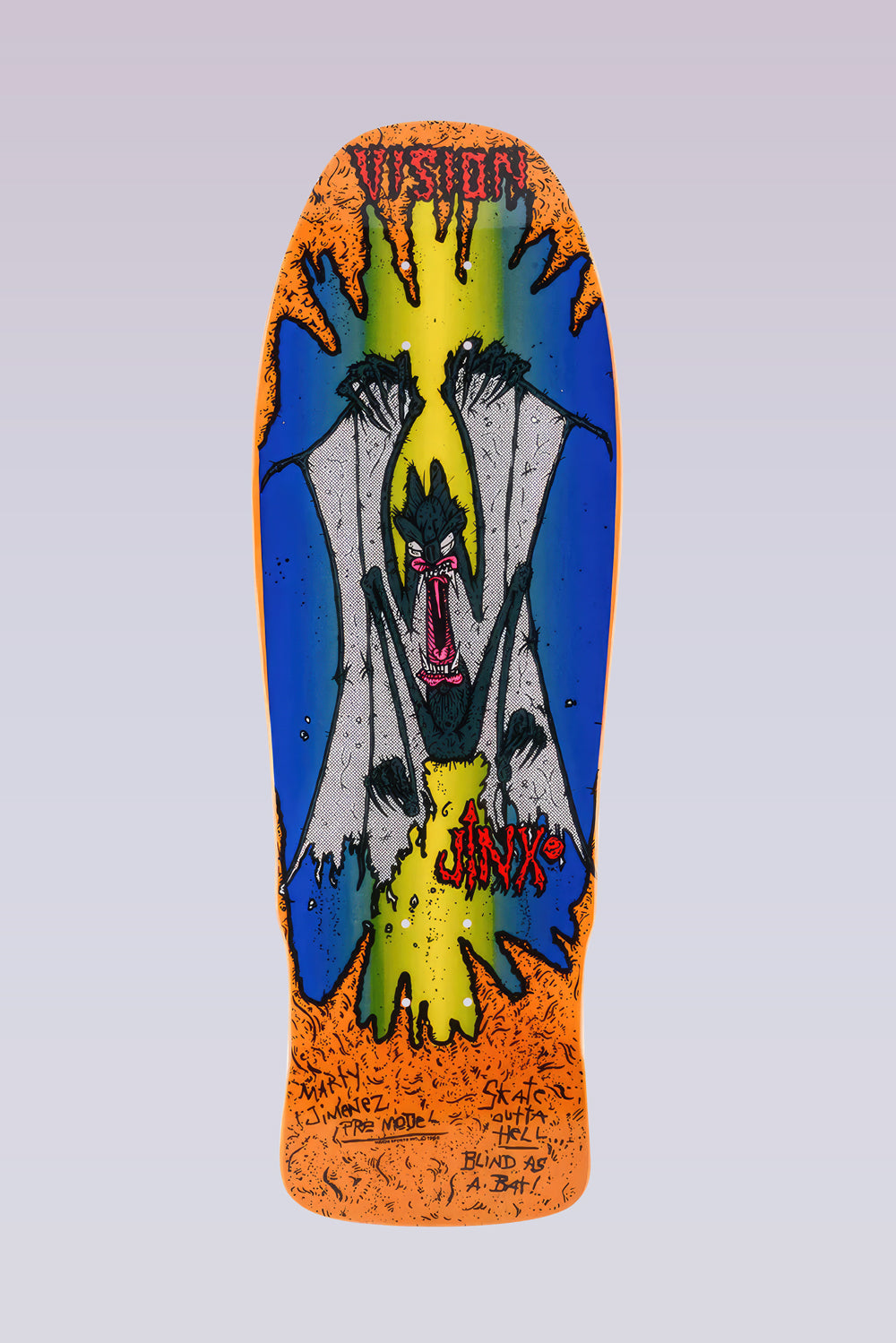 Vision Street Wear Original Jinx Modern Concave - Orange Stain skateboard deck: A screaming bat with spread grey wings hangs over a blue and yellow-green beam, with torn orange edges and Vision at the top. Jinx is in red, with handwritten notes including Skate Outta Hell and Blind as a Bat.