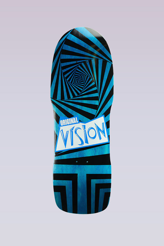 Vision Street Wear Original Modern Concave - Blue Stain skateboard deck: Op-art design of black and blue radiating wedges spiralling into a tunnel, with a white tilted label reading Original Vision across the middle and nested square lines on the tail.