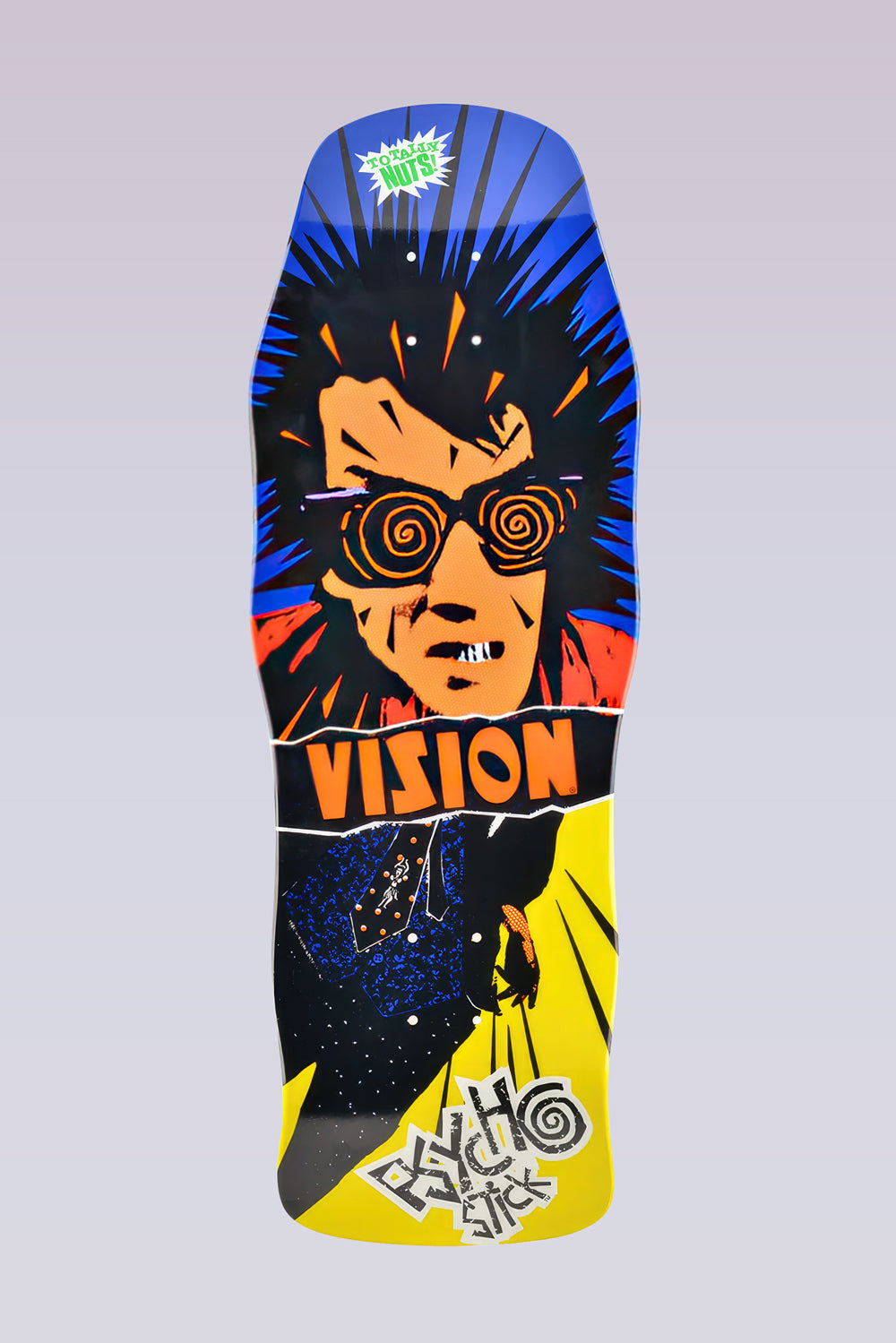 Vision Street Wear Psycho Stick - Modern Concave - Blue/Yellow skateboard deck: A spiky-haired figure with orange skin and spiral glasses and a gritted-teeth grin, over a torn Vision band, with a dark patterned suit below. Blue and yellow panels with burst lines, and a Psycho Stick scrawl at the tail.