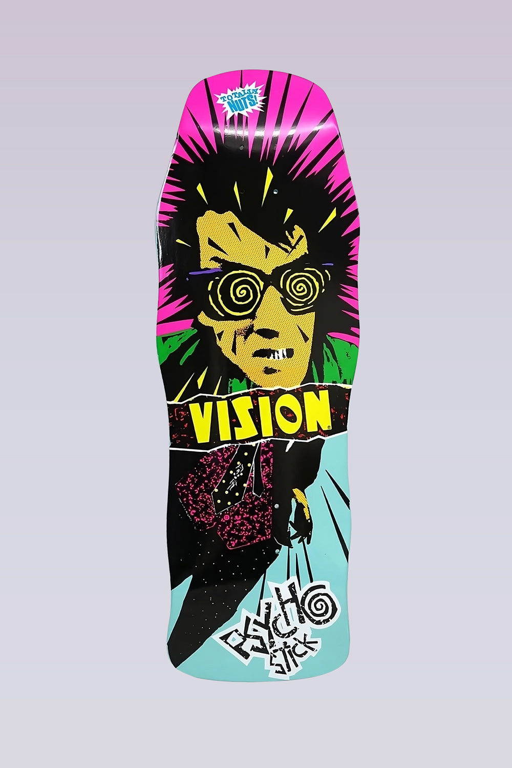 Vision Street Wear Psycho Stick - Modern Concave - Turquoise skateboard deck: Old-school shaped deck showing a wild-haired man with spiral glasses on a pink burst background, with a torn banner reading Vision and a black gloved hand below. Psycho Stick logo at the bottom on turquoise.