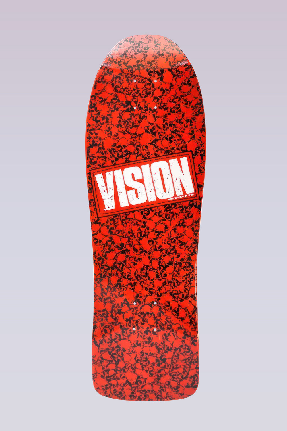 Vision Street Wear Punk Skull - Modern Concave - Red/White skateboard deck: Old-school shaped deck covered in a dense repeating pattern of skulls in red and black, with a white distressed 'Vision' logo box across the middle.