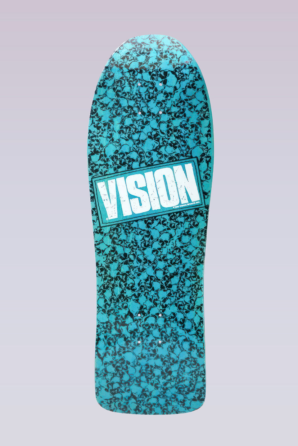 Vision Street Wear Punk Skull - Modern Concave - Turquoise/Wh skateboard deck: Old-school shaped deck covered in a repeating black skull pattern on turquoise, with a large white distressed VISION logo in a rectangle across the middle.
