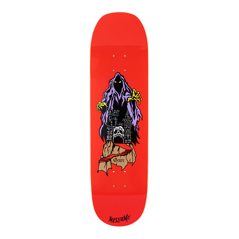 Welcome Aaron Goure Castle on Moontrimmer 2.0 - Red - 8.5 skateboard deck: Hooded purple spectre with glowing yellow eyes and clawed hands looms over a dark stone castle and a skull on a rocky crag with a red staircase. The rider name is on a scroll, with the Welcome logo at the tail.