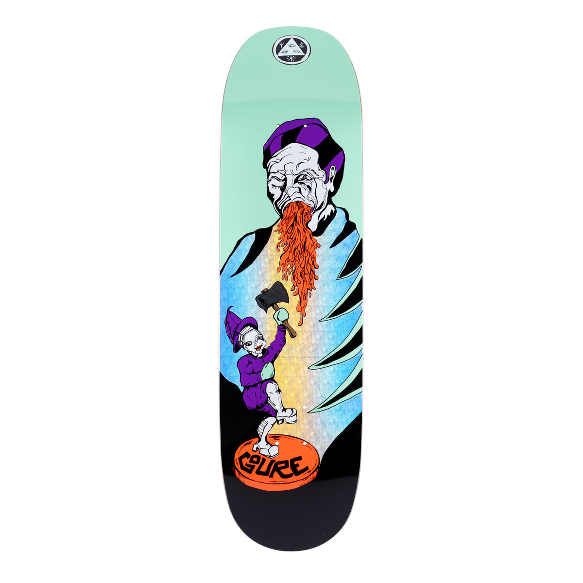 Welcome Aaron Goure Divorced Jim on Moontrimmer 2.0 - Mint/Glitter Foil - 8.5 skateboard deck: Illustration of a grim old man in a purple checked cap breathing out an orange spaghetti-like beard over a holographic glitter cape, with a small gnome in a purple hat swinging an axe below. Rider name on an orange disc.