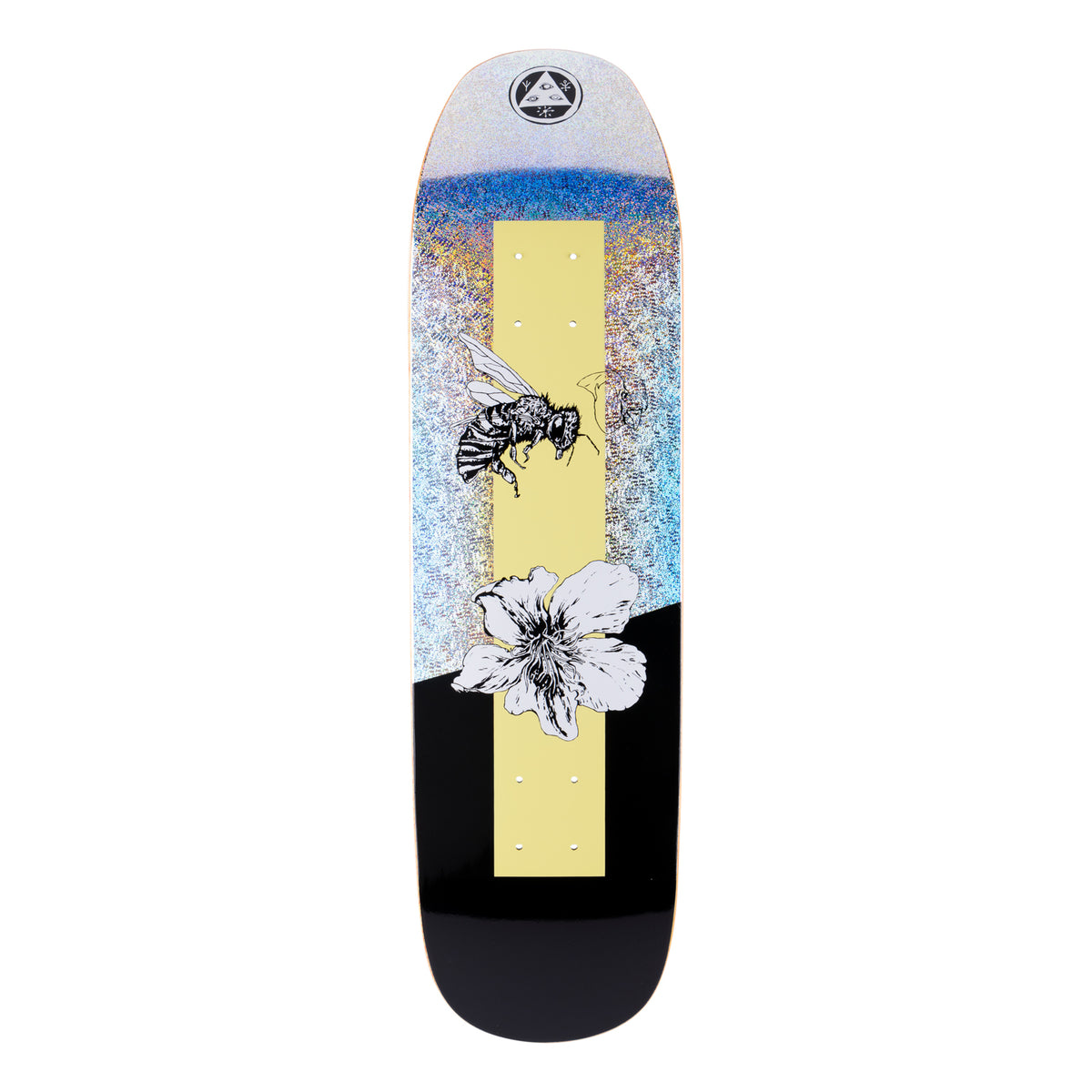 Welcome Adaptation on Son of Moontrimmer - Glitter Foil - 8.25 skateboard deck: A black and white ink illustration of a bee above a hibiscus-type flower on a pale yellow vertical stripe, over a holographic glitter-foil top half and a solid black lower half split on a diagonal. Welcome's circular emblem sits at the nose.