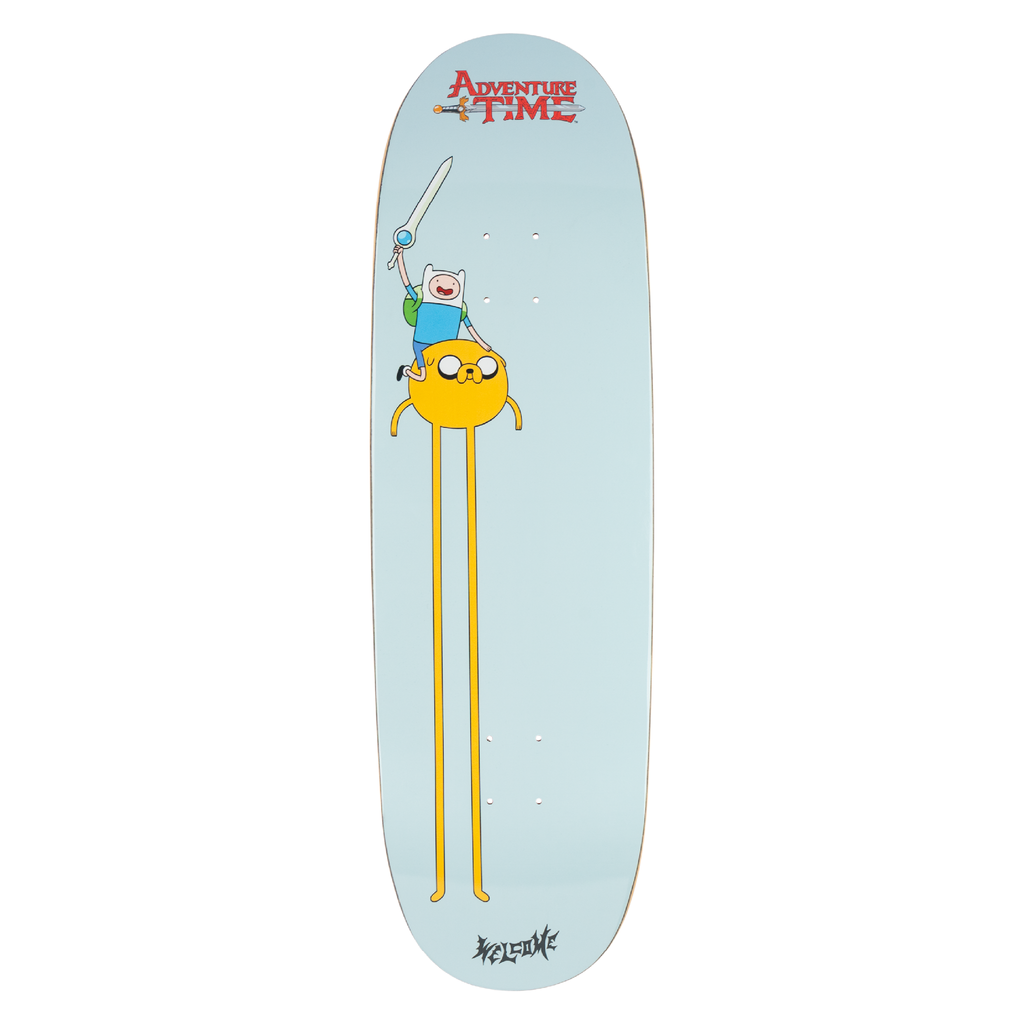 Welcome ADVENTURE TIME X WELCOME - Heroes on Boline 2.0 skateboard deck: Finn raises a sword while riding on top of Jake the dog, whose long yellow legs stretch down the deck, on a pale blue background with the Adventure Time logo at the nose and Welcome at the tail.