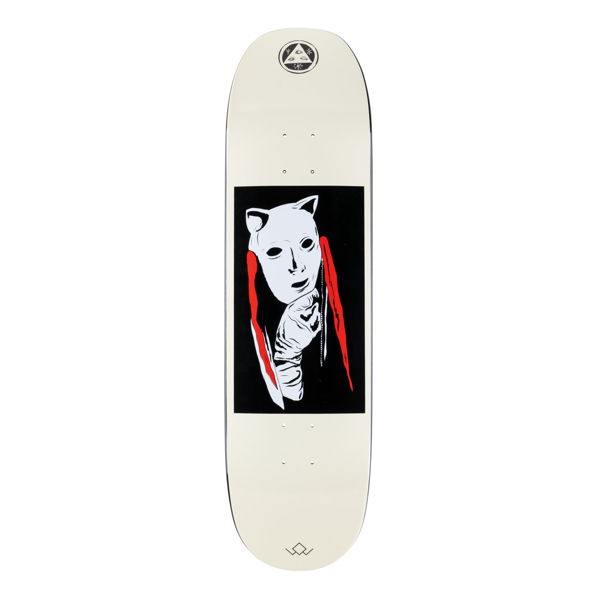 Welcome Audrey on Moontrimmer 2.0 - Black Dip/Bone - 8.5 skateboard deck: Cream deck with a black panel showing a white cat-eared mask and a bandaged hand held to the chin, with red streaks beside it. Welcome triangle emblem at the nose and a small logo at the tail.
