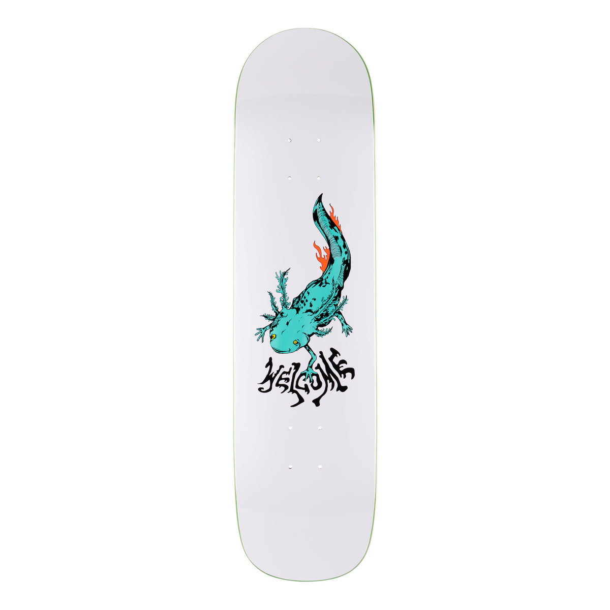 Welcome Axlotl on Bunyip - White - 8.0 skateboard deck: A turquoise axolotl with black markings and orange flame-like gills swims down a white deck, with the wobbly black Welcome wordmark beneath it.