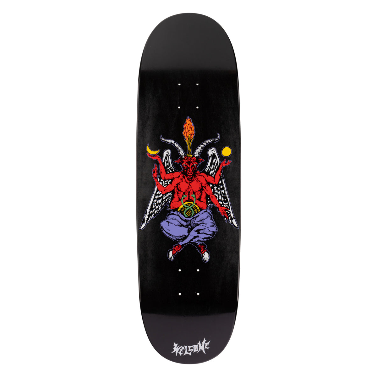 Welcome Bapholit on Boline 2.0 - Black - 9.5 skateboard deck: Red winged horned goat-headed figure sitting cross-legged in blue trousers and trainers, with a flaming torch between the horns, a crescent moon and a sun in each hand, on a black deck with Welcome logo at the bottom.