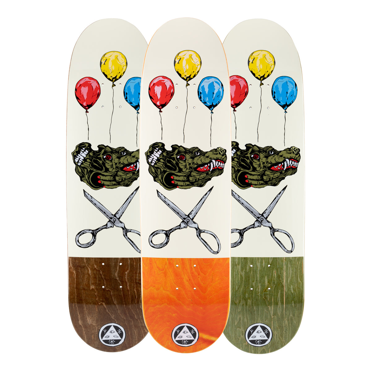 Welcome Bark on Pysanka 2.0 - Bone/Various Stains skateboard deck: Three versions of one deck with a bone-white top: three red, yellow and blue balloons float above a snarling green wolf-like head with a fleshy hand, over crossed scissors. Tails are stained brown, orange or green.