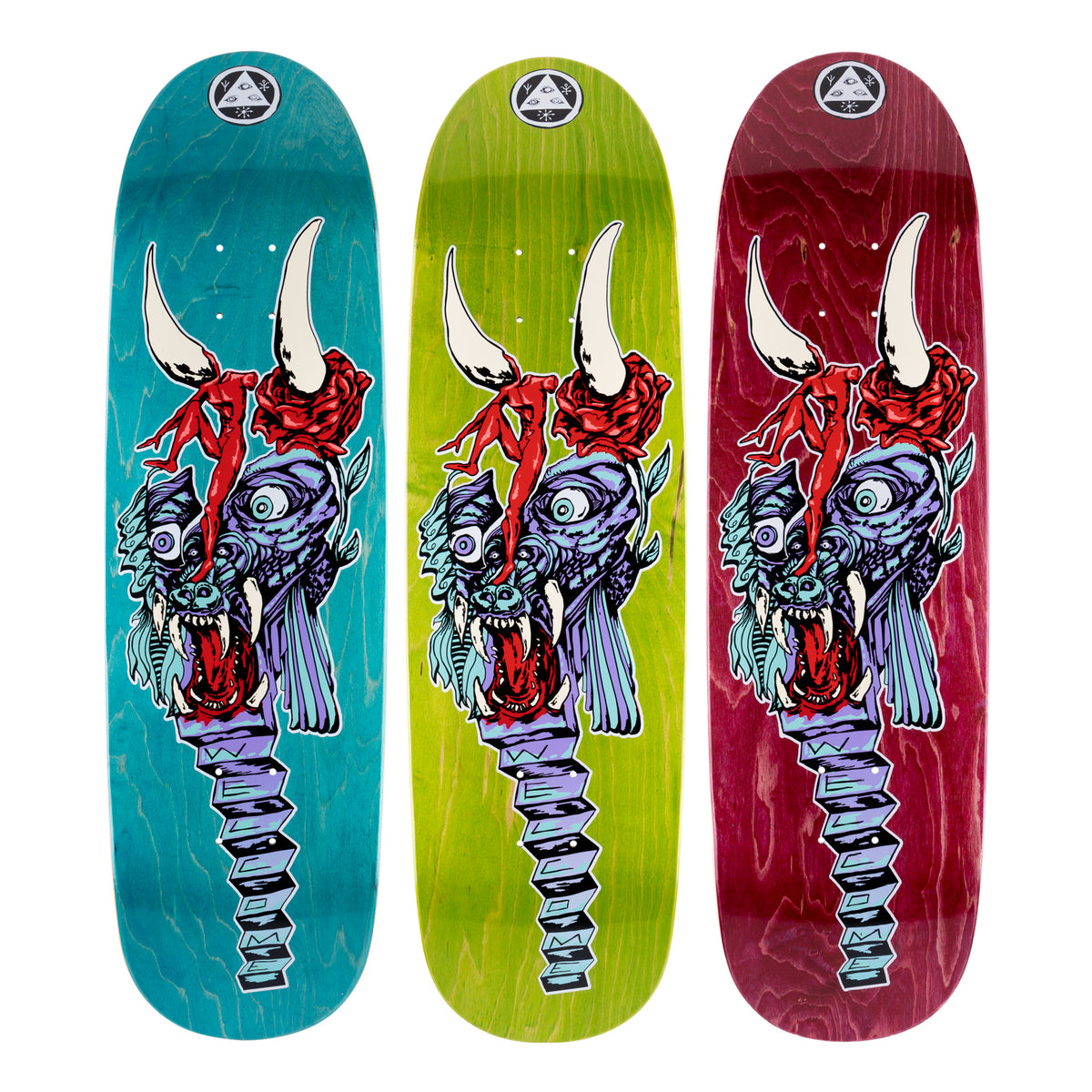 Welcome Beauty on Atheme - Various Stains - 8.8 skateboard deck: Three decks in teal, lime and burgundy stains show a purple fanged beast head with a bulging eye, a red rose and long white horns, with a small red figure climbing its horn. The neck is a stacked spring-like column spelling the brand name.