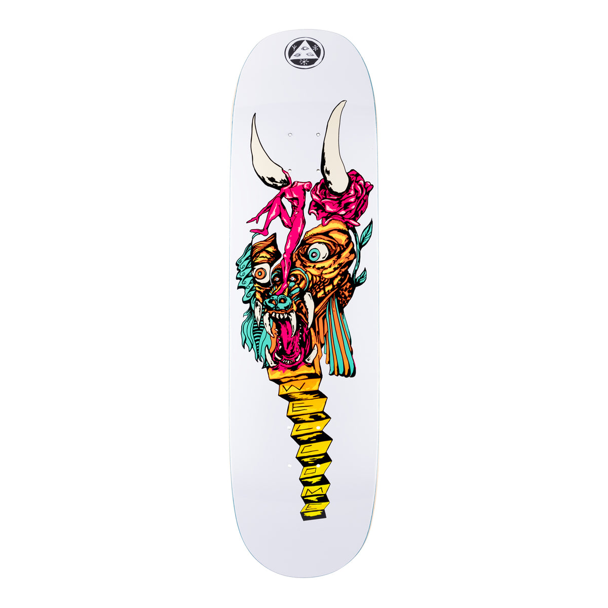 Welcome Beauty on Moontrimmer 2.0 - White - 8.5 skateboard deck: Horned beast's head with a bulging eye, fangs and open mouth, a small pink figure on its snout and a rose by one horn, on a zigzag yellow spine reading Welcome. White deck with Welcome logo at the nose.