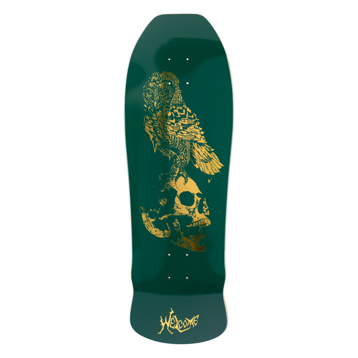 Welcome Bird Brain on Early Grab - Emerald/ Gold Foil - 10 skateboard deck: Gold foil engraving of an owl perched on a weathered human skull, on a dark emerald green old-school shaped deck. Gold Welcome logo at the tail.