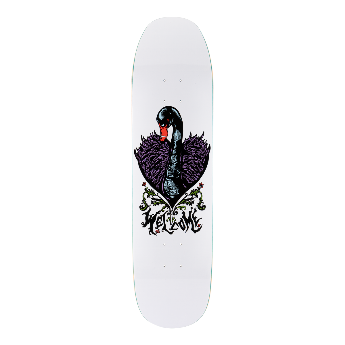 Welcome Black Swan on Son of Moontrimmer - White - 8.25 skateboard deck: A black swan with an orange-red beak rises from a heart-shaped nest of purple feathers on a white deck, with green and red floral scrollwork and gothic-style Welcome lettering below.
