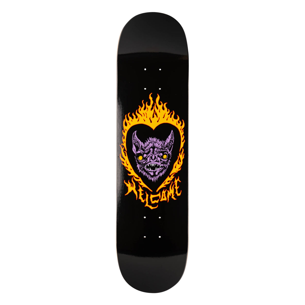 Welcome Blood Sucker on Popsicle - Black - 8.0 skateboard deck: Purple vampire bat face with yellow eyes and fangs inside a black heart, ringed by orange and yellow flames, on a black deck. Flaming Welcome lettering sits below the heart.