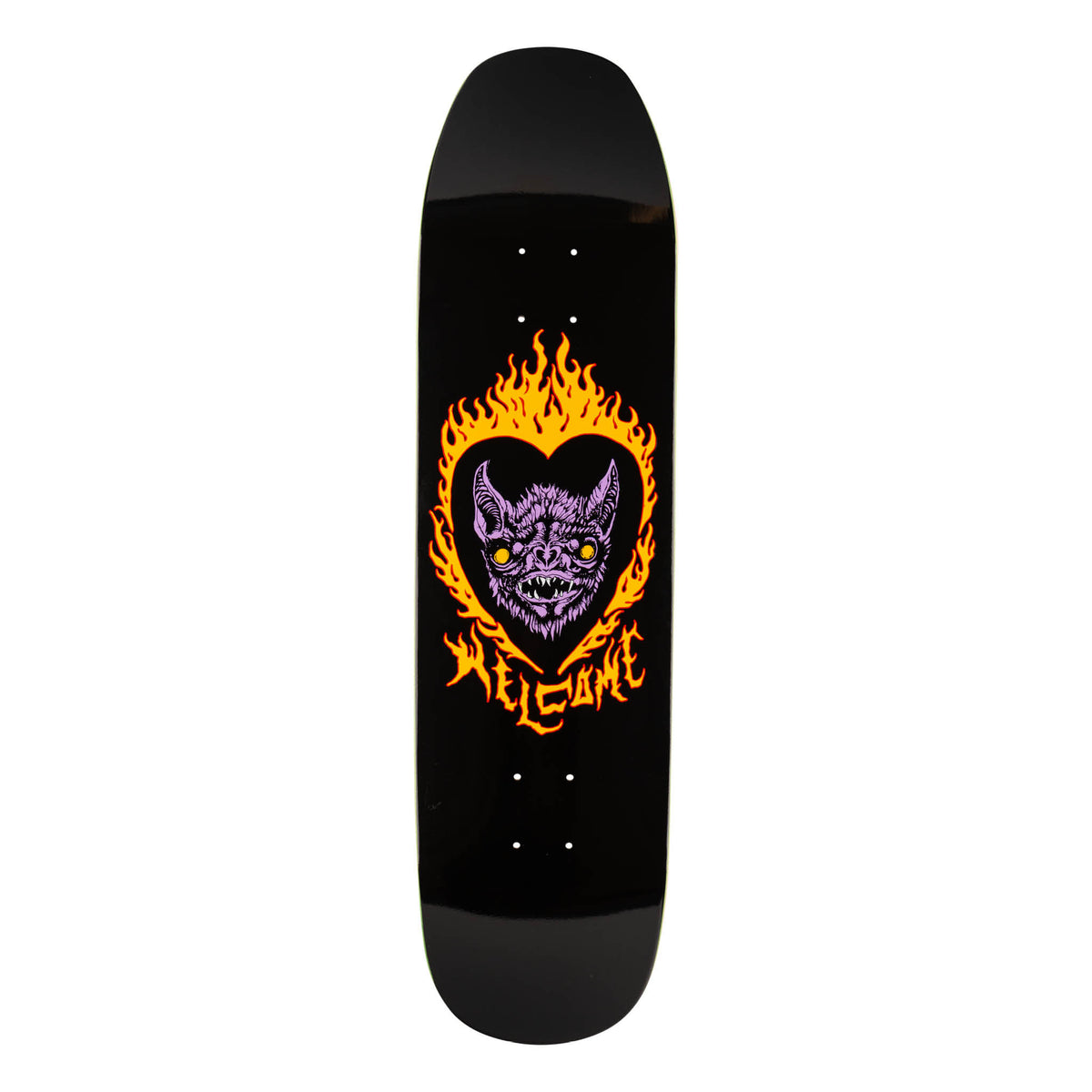 Welcome Blood Sucker on Son of Moontrimmer - Black - 8.25 skateboard deck: Purple vampire bat face with yellow eyes and fangs inside a black heart, ringed by orange and yellow flames, on a black deck with a flaming Welcome logo beneath. Shaped deck with a flat, squared nose.