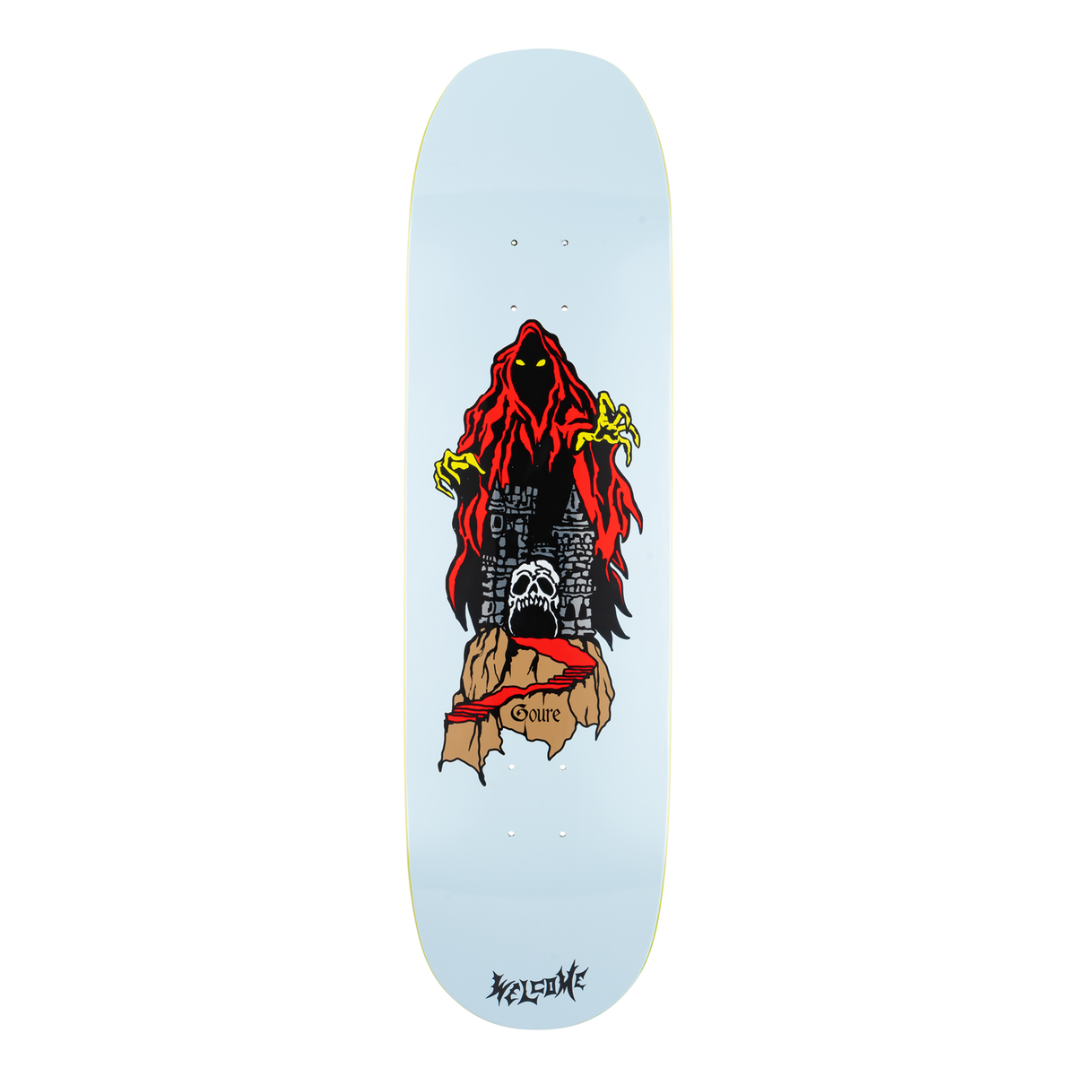 Welcome Aaron Goure Castle on Moontrimmer 2.0 - Baby Blue - 8.5 skateboard deck: Red-hooded reaper with yellow claws and glowing eyes looms over a grey stone castle, a white skull at its gate and a red staircase winding down a brown rocky crag, on a pale blue deck.