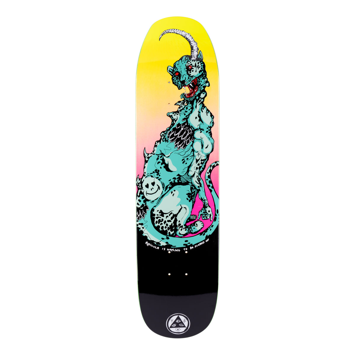 Welcome Cheetah on Son of Moontrimmer - Black/Surf Fade - 8.25 skateboard deck: Teal spotted big cat with a curled horn, bared fangs and bird-like wings, clawing a smiley-faced ball, on a yellow to pink fade above a black tail. Small handwritten caption near the tail and Welcome logo.