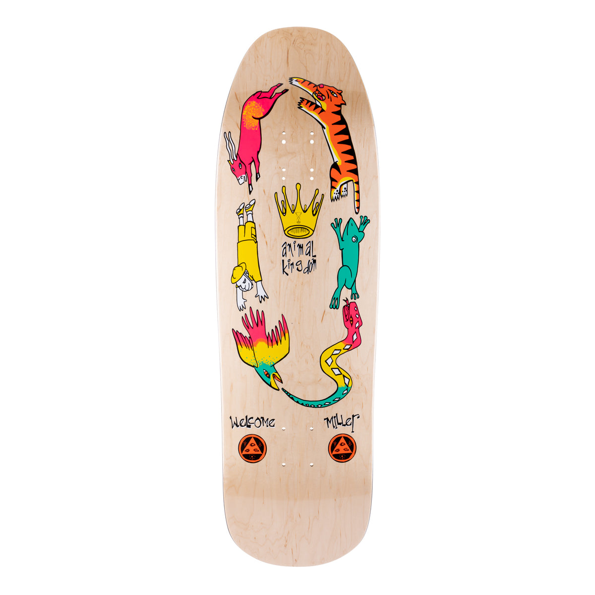 Welcome Chris Miller Animal Kingdom on Gaia - Natural - 9.6 skateboard deck: A ring of brightly coloured animals and figures circles a yellow crown on a natural wood shaped deck: a tiger, a pink goat, a boy in yellow, a green frog, a rainbow bird and a snake. 'Animal Kingdom' is written inside the ring, with two Welcome logos at the tail.