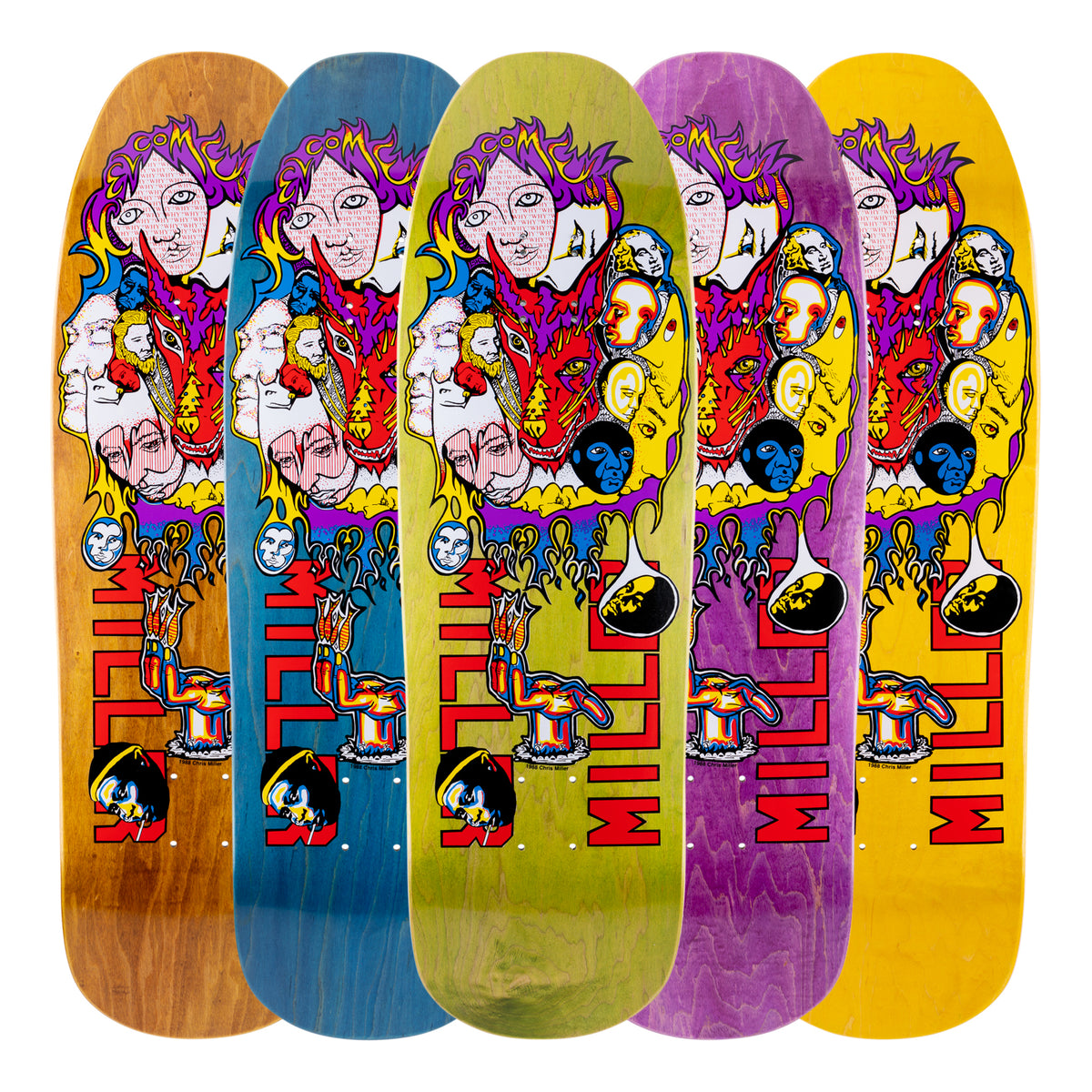 Welcome Chris Miller Miller Collage on Gaia - Various Stains - 9.6 skateboard deck: Shaped deck shown in five stain colours, with a colourful collage of stacked faces, a red wolf-like head, flames and a hand holding a spoon, with MILLER in red block letters down the side and COME text at the top.
