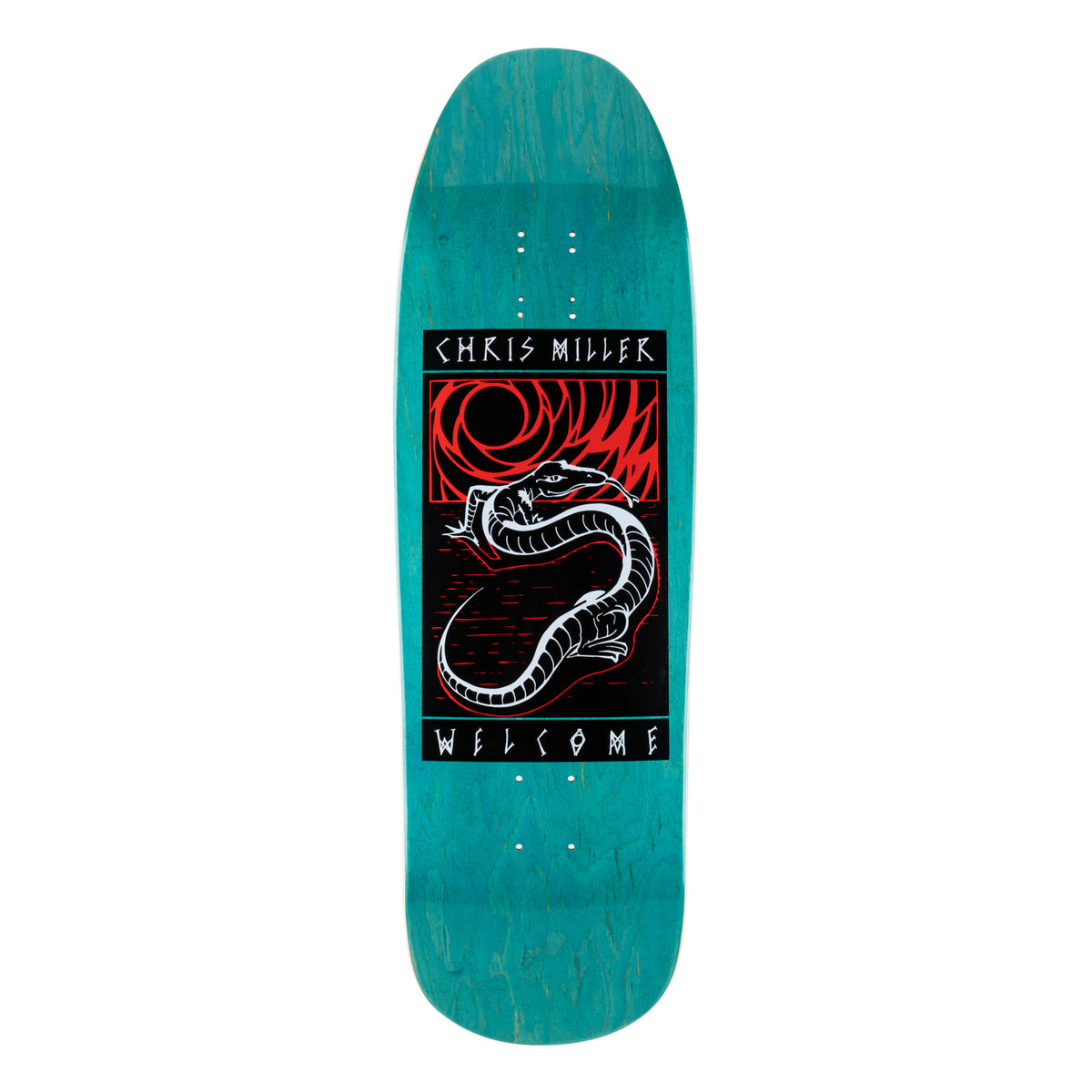 Welcome Chris Miller Lizard on Gaia - Teal Stain - 9.6 skateboard deck: Teal-stained old-school shape deck with a black panel showing a white lizard coiled in front of a red spiral sun, with the rider name above and WELCOME below in runic-style capitals.