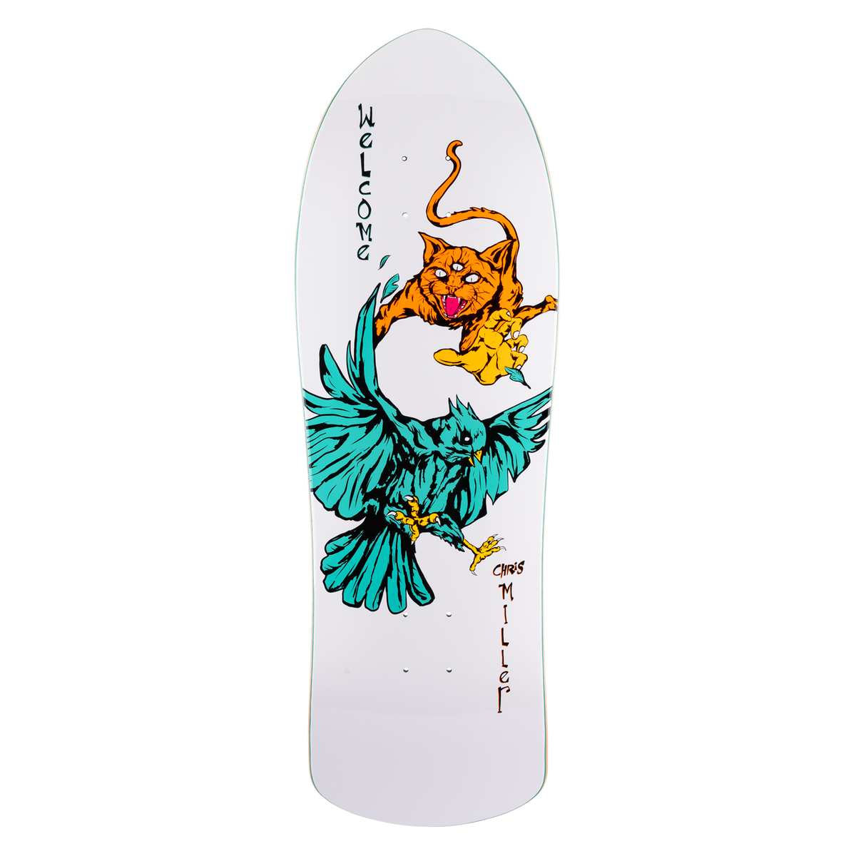 Welcome Chris Miller Prequel on Crossbone - White - 10.0 skateboard deck: Three-eyed orange cat leaping with a yellow clawed hand to attack a teal bird with spread wings, on a white old-school shaped deck, with 'Welcome' and the rider's name in hand-lettering.