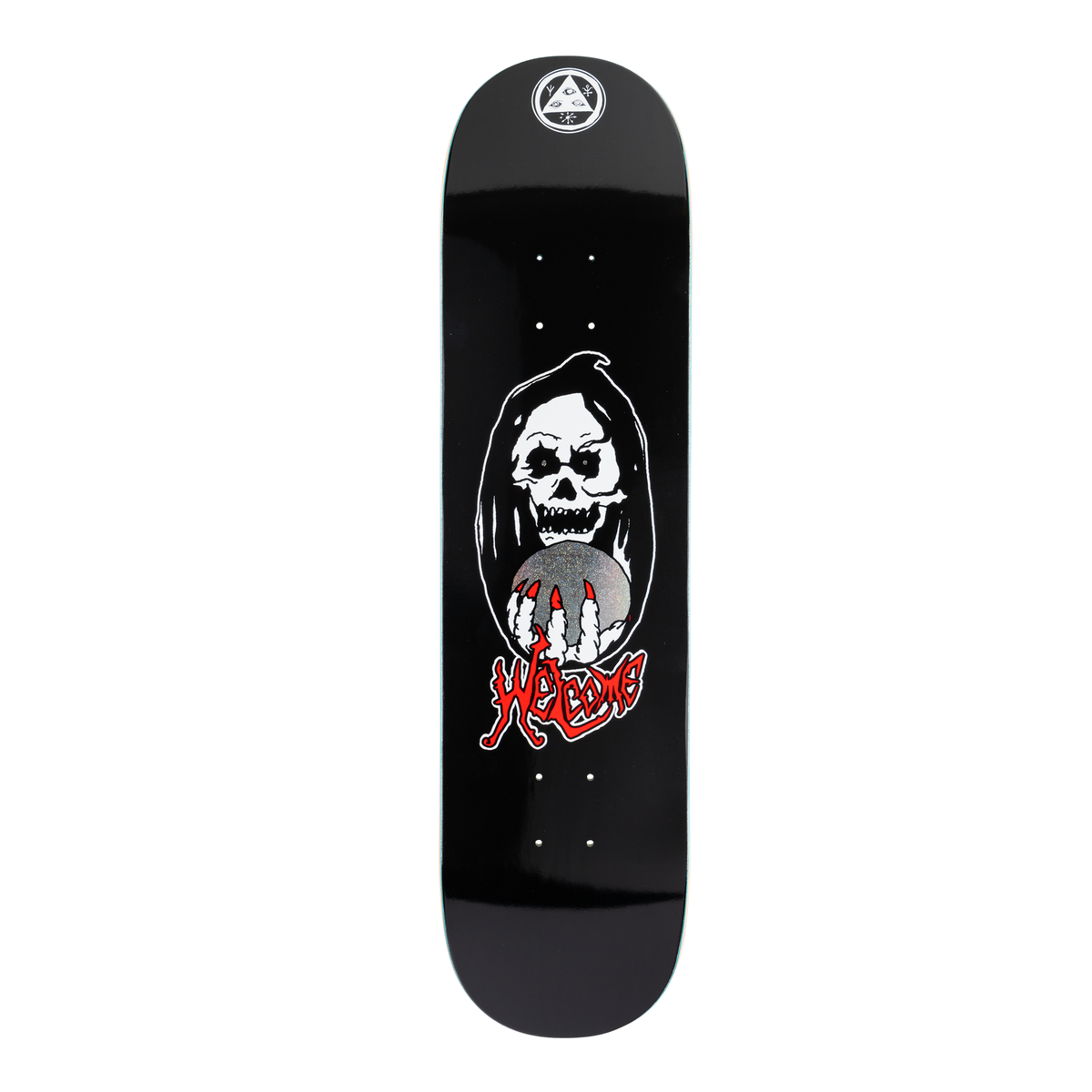 Welcome Clairvoyant on Evil Twin 800 - Black - 8.0 skateboard deck: Black deck with a hooded skull fortune teller holding a silver crystal ball in clawed hands with red nails, with a red scrawled Welcome logo below and a round triangle-eye badge at the nose.