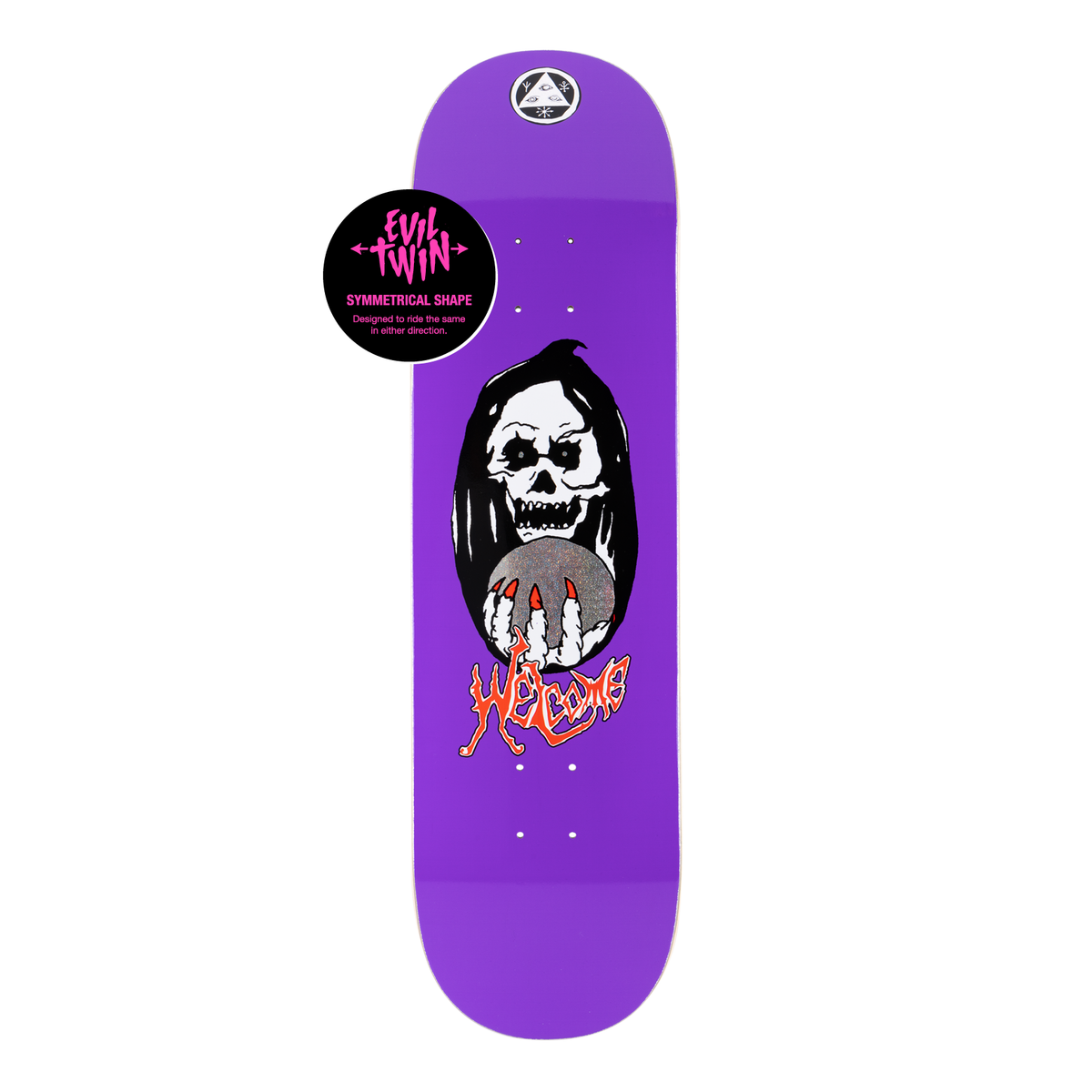 Welcome Clairvoyant on Evil Twin - Purple - 8.5 skateboard deck: Purple deck showing a hooded skull in a black oval holding a glittery crystal ball in a skeletal hand with red nails. Orange-red Welcome script lettering sits beneath, with the Welcome emblem at the nose.