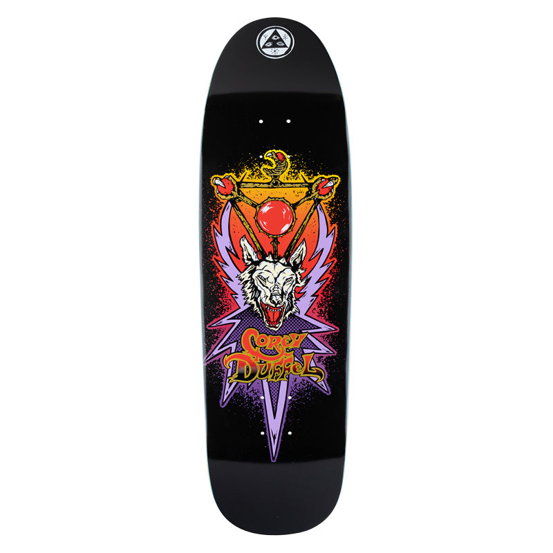Welcome Corey Duffel Guest Board on Blixa - Black - 9.25 skateboard deck: Snarling white wolf head with a red orb and serpent-topped staff above it, set inside a purple star burst on a black shaped deck. Rider name in gold fantasy lettering across the lower part; Welcome logo at the nose.