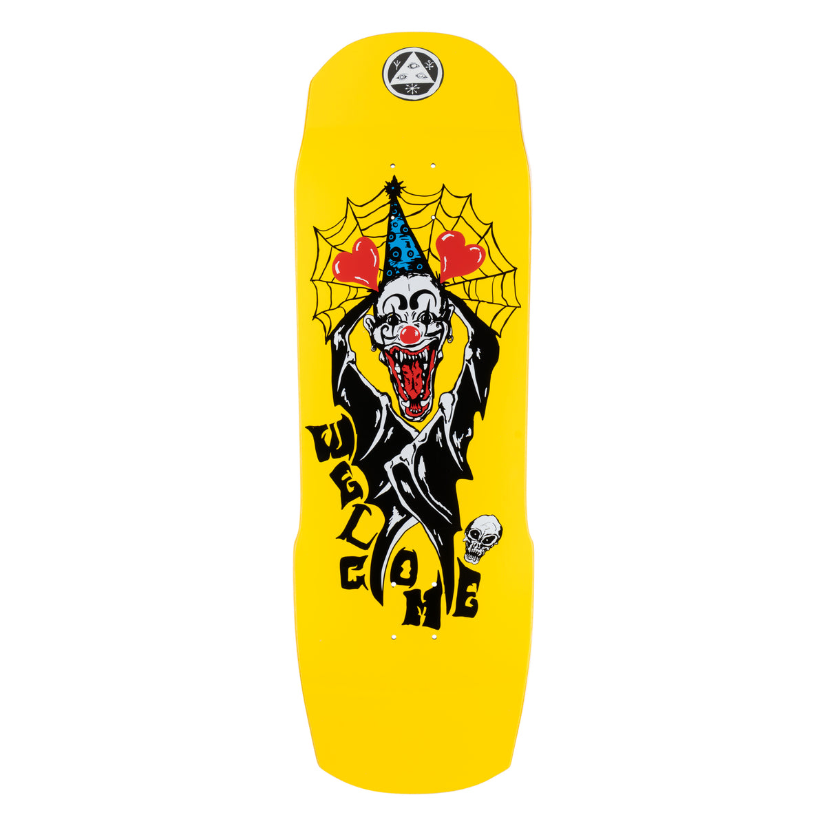 Welcome Crazy Tony on Totem 2.0 - Neon Yellow - 9.75 skateboard deck: A fanged clown in a blue party hat and black robe holding up heart balloons in front of a spider web, with a small skull beside. The Welcome name is lettered down the lower deck, on a yellow shaped deck with a round logo at the nose.