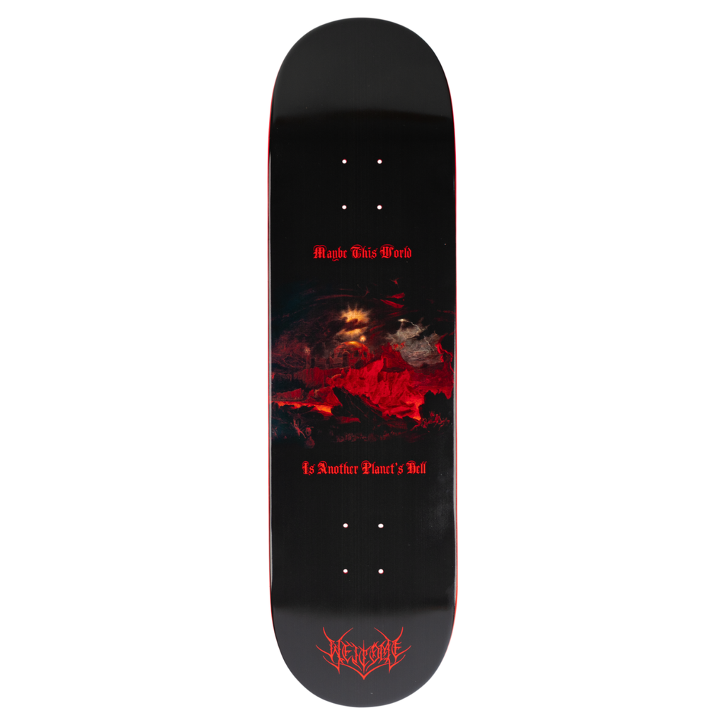 Welcome Depths on Popsicle - Red Dip skateboard deck: Black deck with a dark painting of a glowing red volcanic landscape, with a gothic red verse above and below it and a spiky red Welcome logo near the tail.
