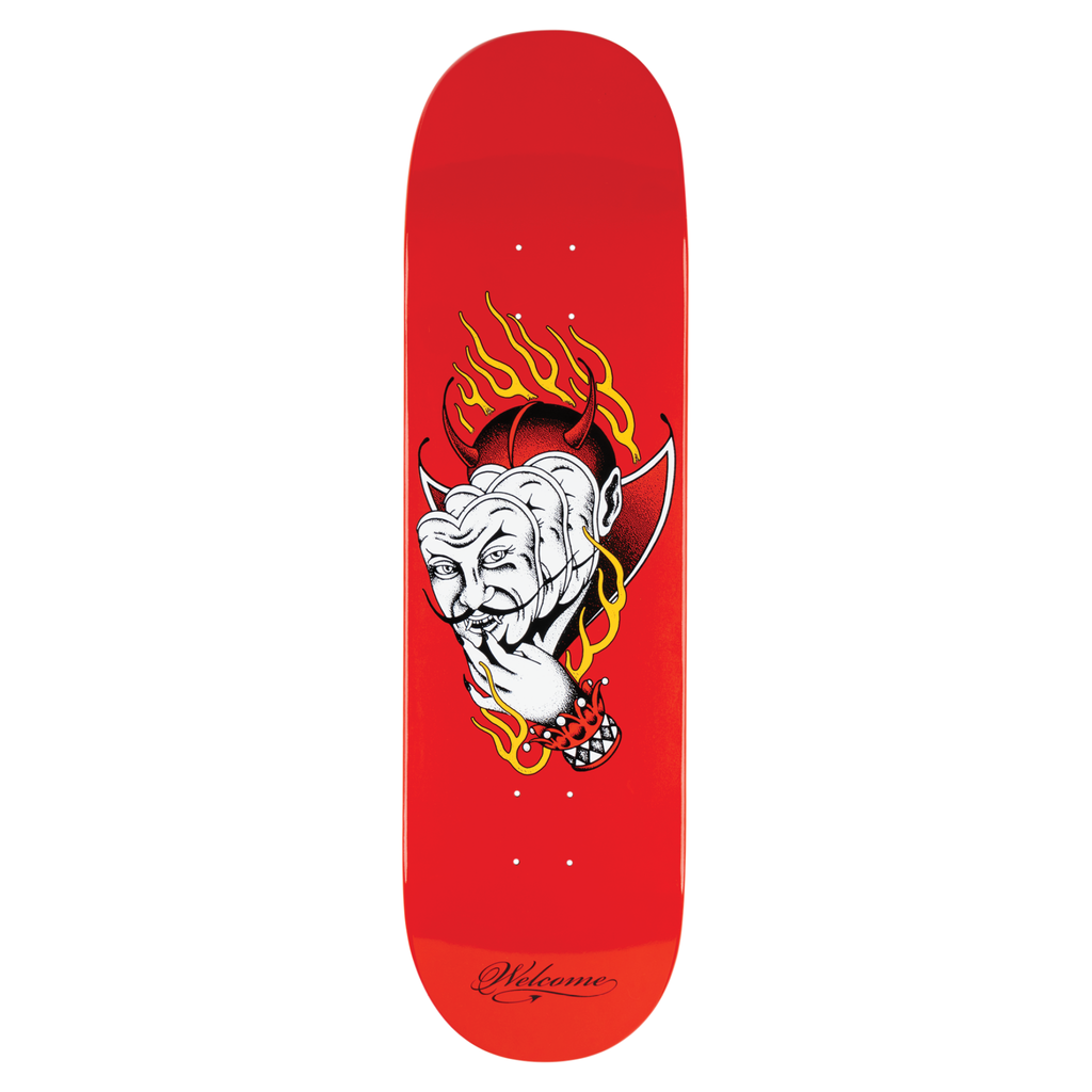 Welcome Diablo on Popsicle - Red Dip - 8.75 skateboard deck: Tattoo-style illustration of a pale devil with horns and a pointed moustache resting his chin on a spiked-bracelet hand, framed by yellow and orange flames, on a solid red deck. Script brand name near the tail.