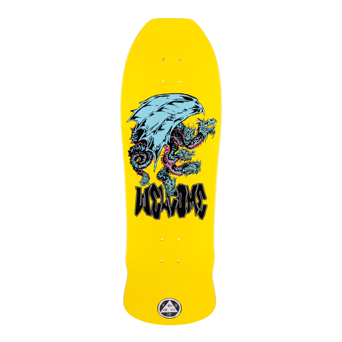 Welcome Dragon on Early Grab - Yellow - 10 skateboard deck: Old-school shaped yellow deck with a blue winged dragon with pink highlights coiled in a snarling pose above a black gothic Welcome wordmark. Small round Welcome emblem at the tail.
