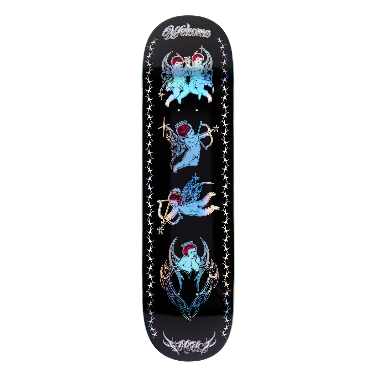 Welcome Evan Mock Cherubs on Island - Black/Prism Foil - 8.38 skateboard deck: Four iridescent foil cherubs with red hair and halos, two with bows and arrows, stacked down a black deck inside tribal-style ornaments and a border of spiked stars. Welcome script at the top and rider signature at the bottom.