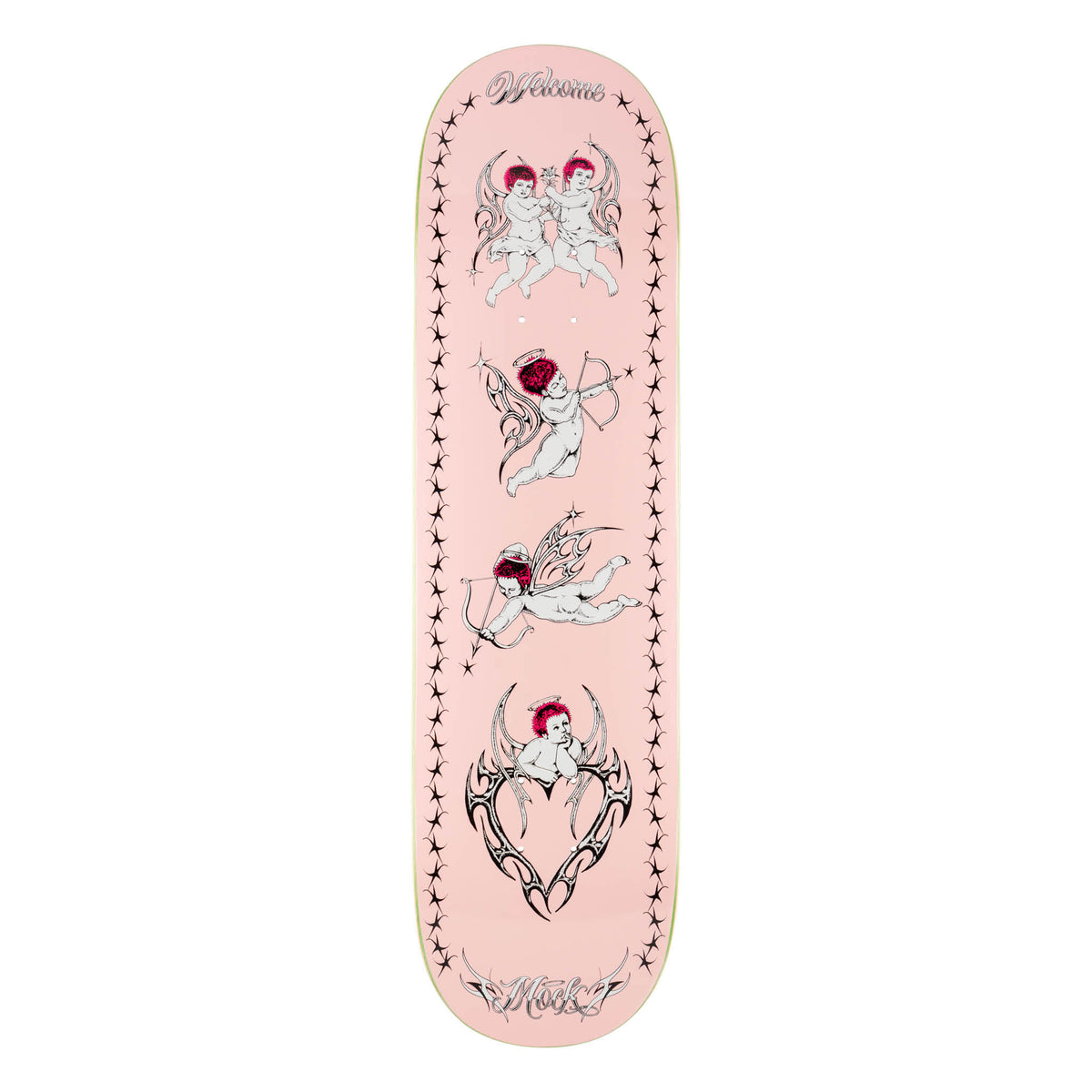 Welcome Evan Mock Cherubs on Island - Light Pink - 8.38 skateboard deck: Four stacked cherub illustrations with red hair, wings and halos, some with bows and arrows, one resting inside a tribal heart, between columns of small stars on a light pink deck. Chrome-style Welcome and Mock lettering.