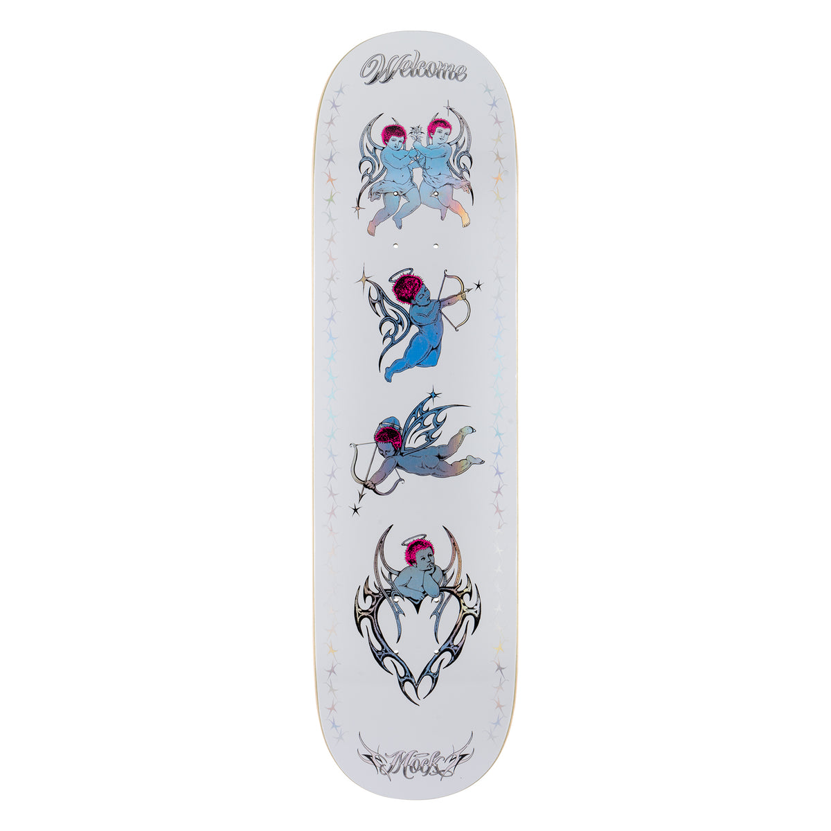 Welcome Evan Mock Cherubs on Island - White/Prism Foil - 8.38 skateboard deck: White deck with four holographic silver and blue cherubs with pink hair: twin cherubs at the top, two archers in tribal-style wings, and one resting in a barbed heart. Sparkle borders run down both edges.