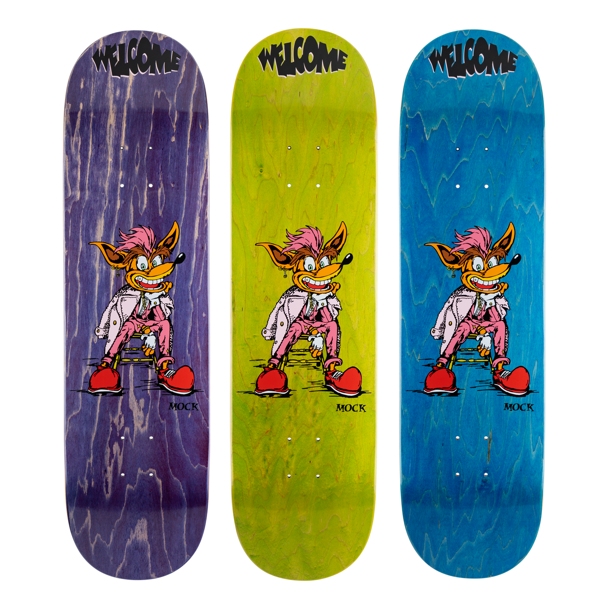 Welcome Evan Mock Crash on Island - Various Stains - 8.38 skateboard deck: A cartoon fox-like character with pink spiky hair, a pink suit and white jacket and big red shoes, sitting on a stool and grinning, with a drippy Welcome logo at the nose. Shown on three decks in purple, green and blue stains.