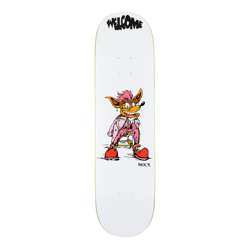 Welcome Evan Mock Crash on Island - White - 8.38 skateboard deck: Cartoon of a snarling pink-mohawked fox-like punk in a pink suit and big red shoes, seated on a small stool on a white deck, with the Welcome logo in black lettering at the top.