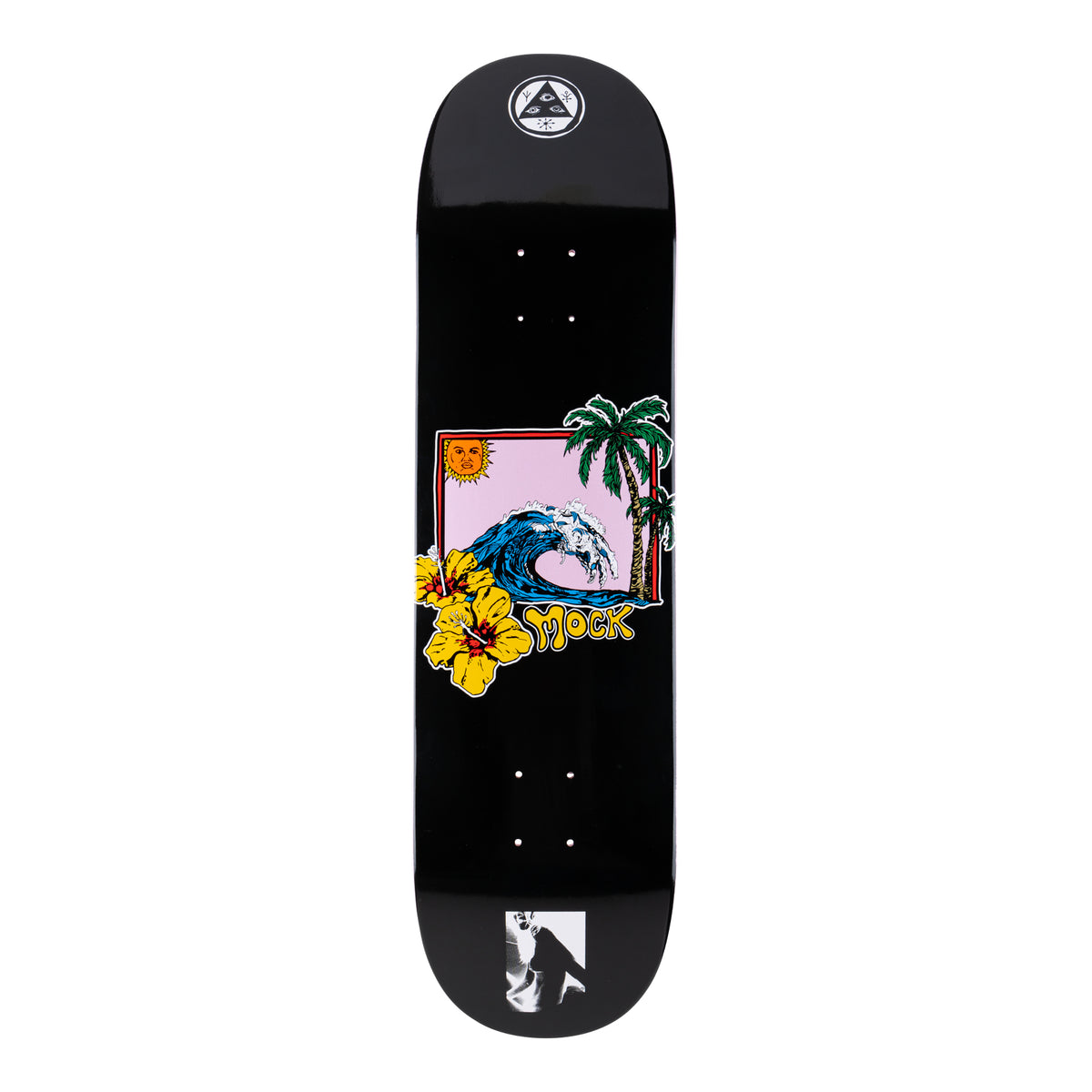 Welcome Evan Mock Mana on Pele - Pearlescent Pink Dip - 8.38 skateboard deck: Black deck with a framed tropical scene of a blue wave, palm trees and a smiling sun, with yellow hibiscus flowers and yellow rider name. Welcome emblem at the nose and a small photo square at the tail.